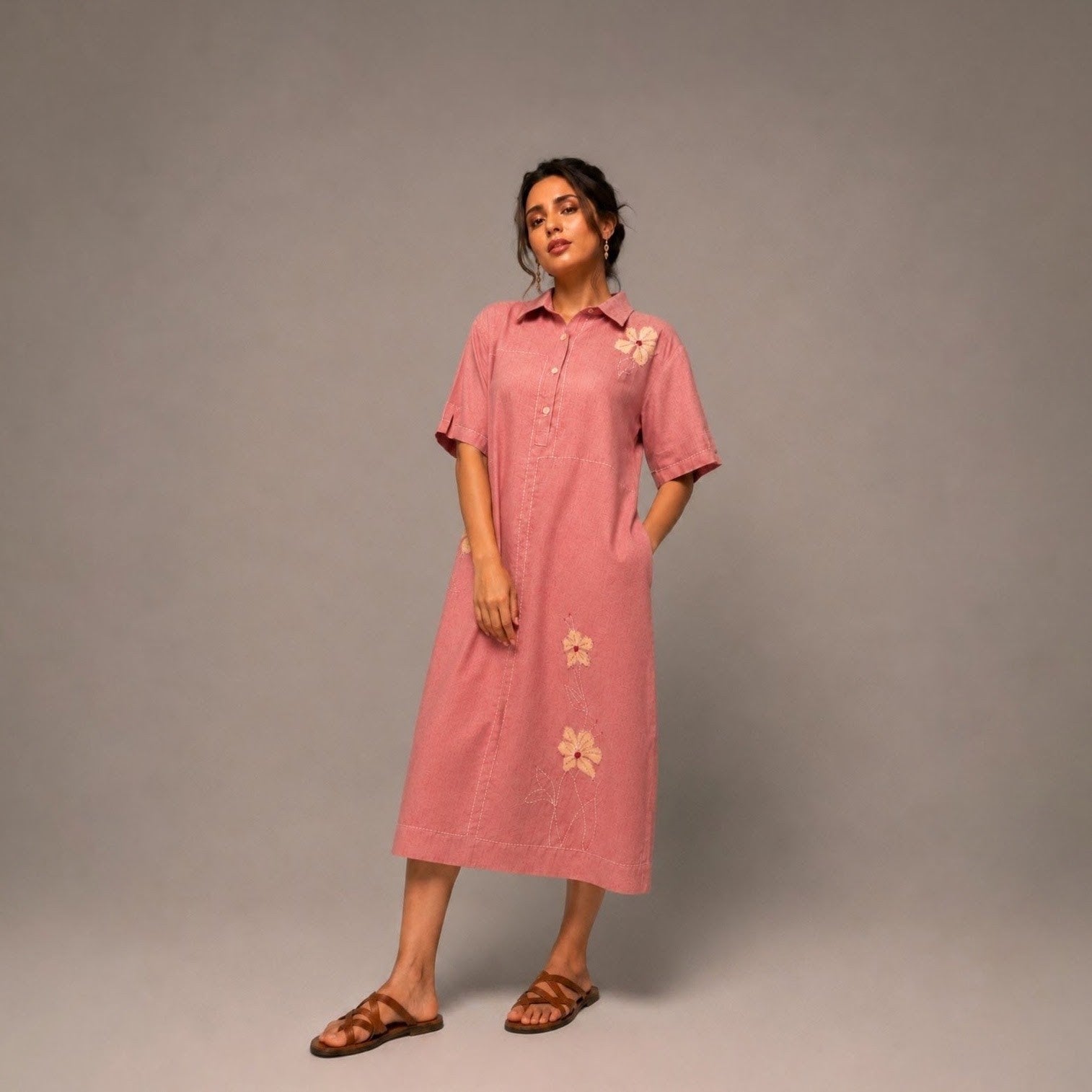 Dusky Tulips |Midi Dress |Hand thread work | Hand painting