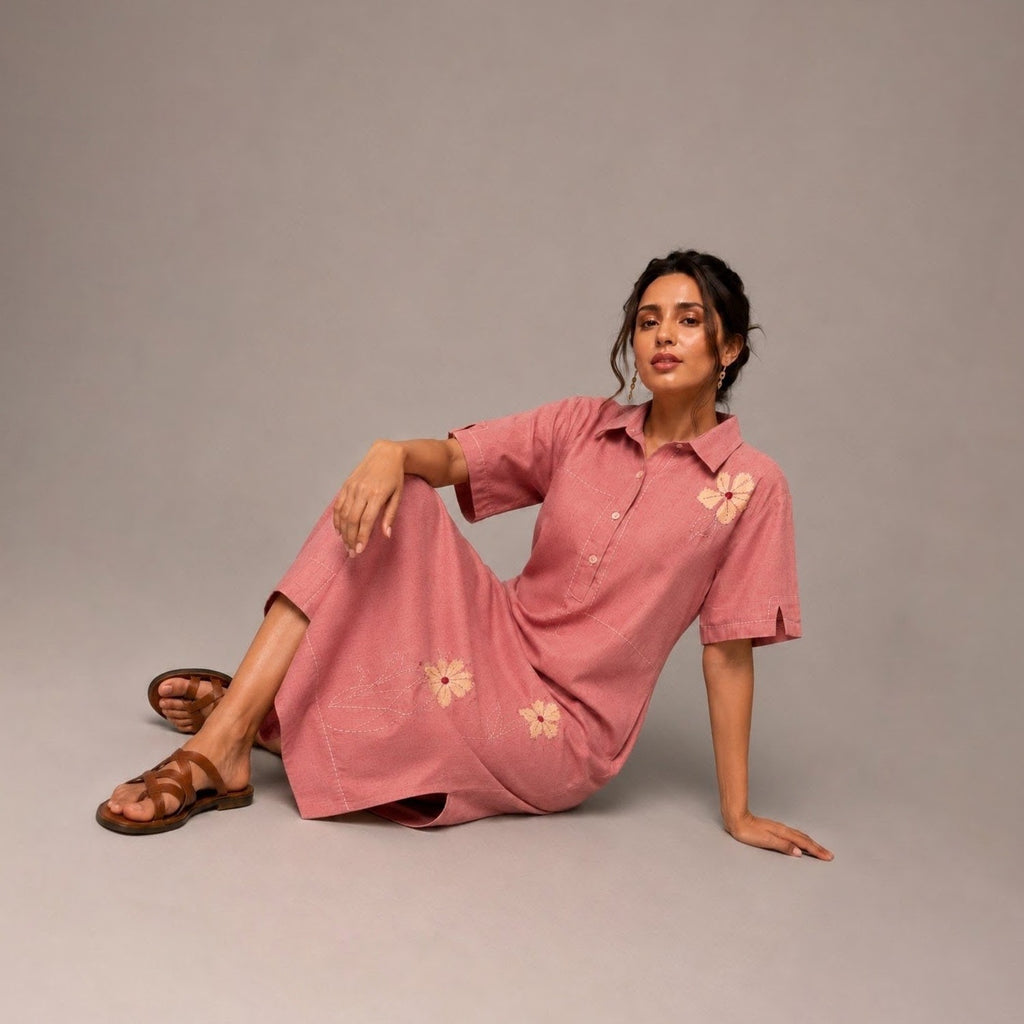 Dusky Tulips |Midi Dress |Hand thread work | Hand painting